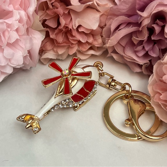 Whimsical Red and White Crystal Helicopter Keychain Charm - Picture 3 of 16
